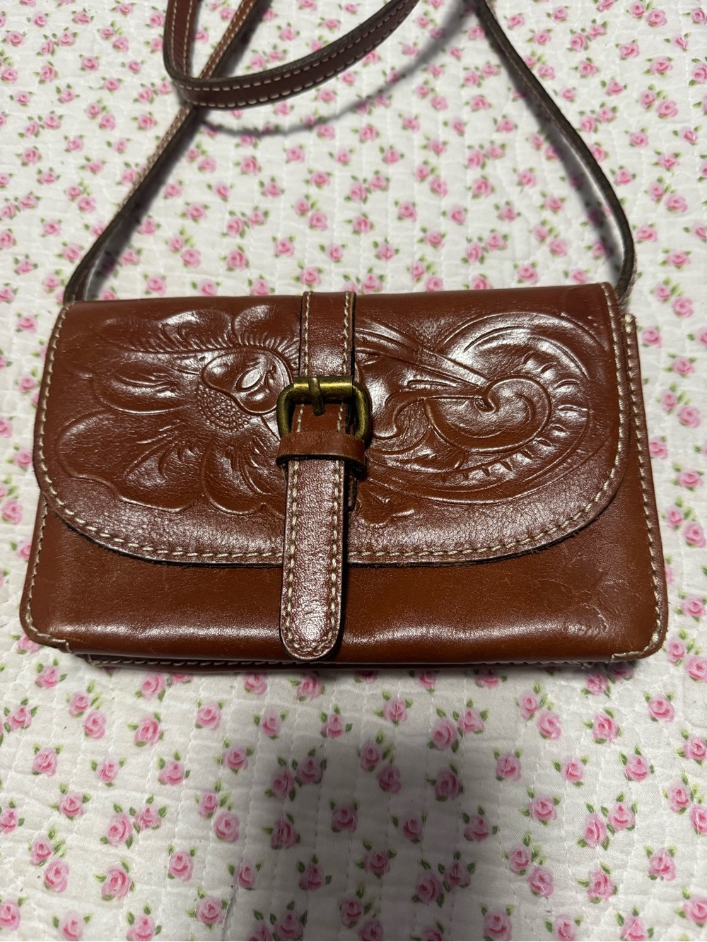 Patricia Nash Brown Embossed Leather Crossbody with Buckle Strap